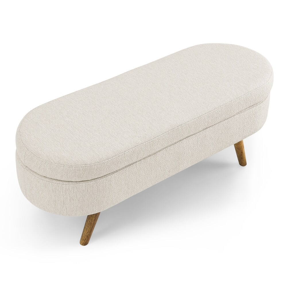 Bed Stool Oval Storage Bench  Rubber Wood Legs  Beige