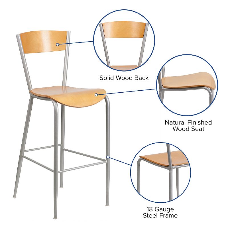 Emma and Oliver Silver Metal Barstool， Natural Wood Back and Seat