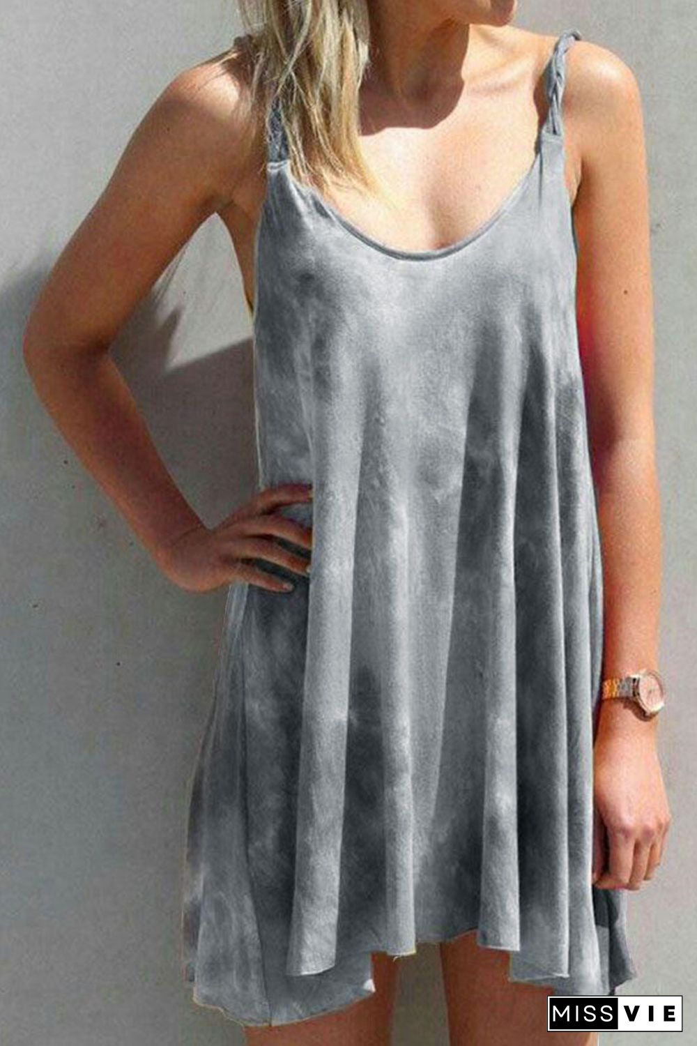 Gray U Neck Gradient Color Printed Sling Sleeveless Swing Mini Dress