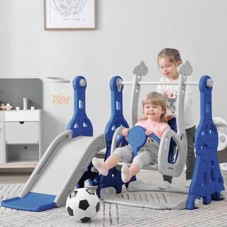 TIRAMISUBEST Blue Indoor and Outdoor Freestanding Kids Playground Climber Swing Playset with Basketball Hoop PPXY293801AAM