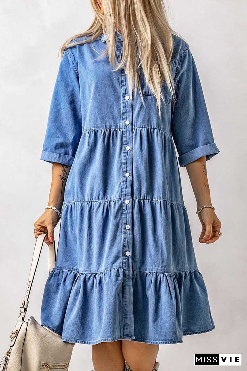 Casual Street Solid Patchwork Turndown Collar Nine Points Sleeve Loose Denim Dresses