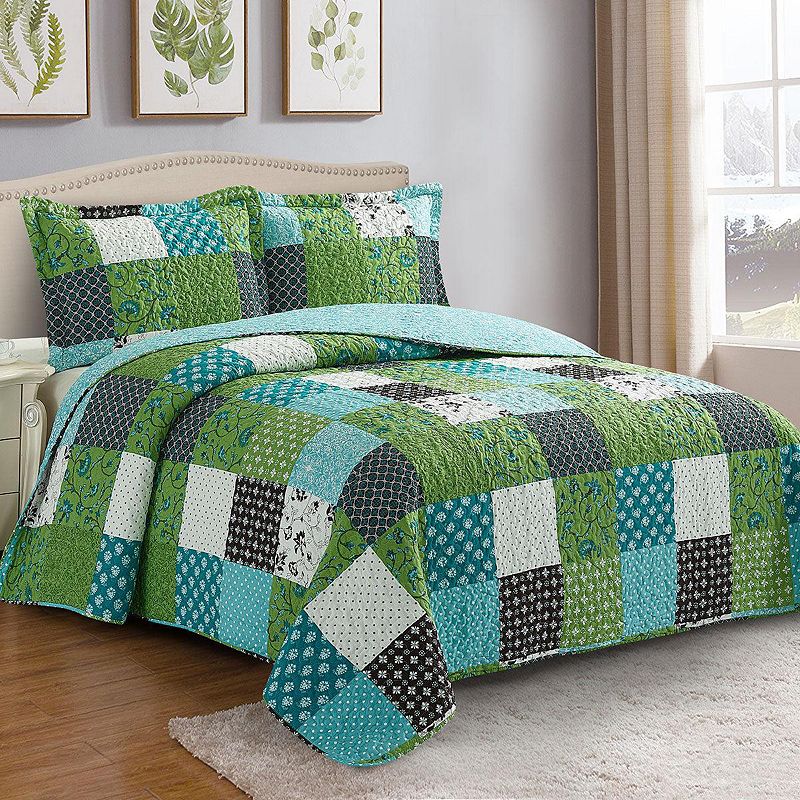 Rebekah Spring Garden Reversible Quilt Set Wrinkle-Free Coverlet Set