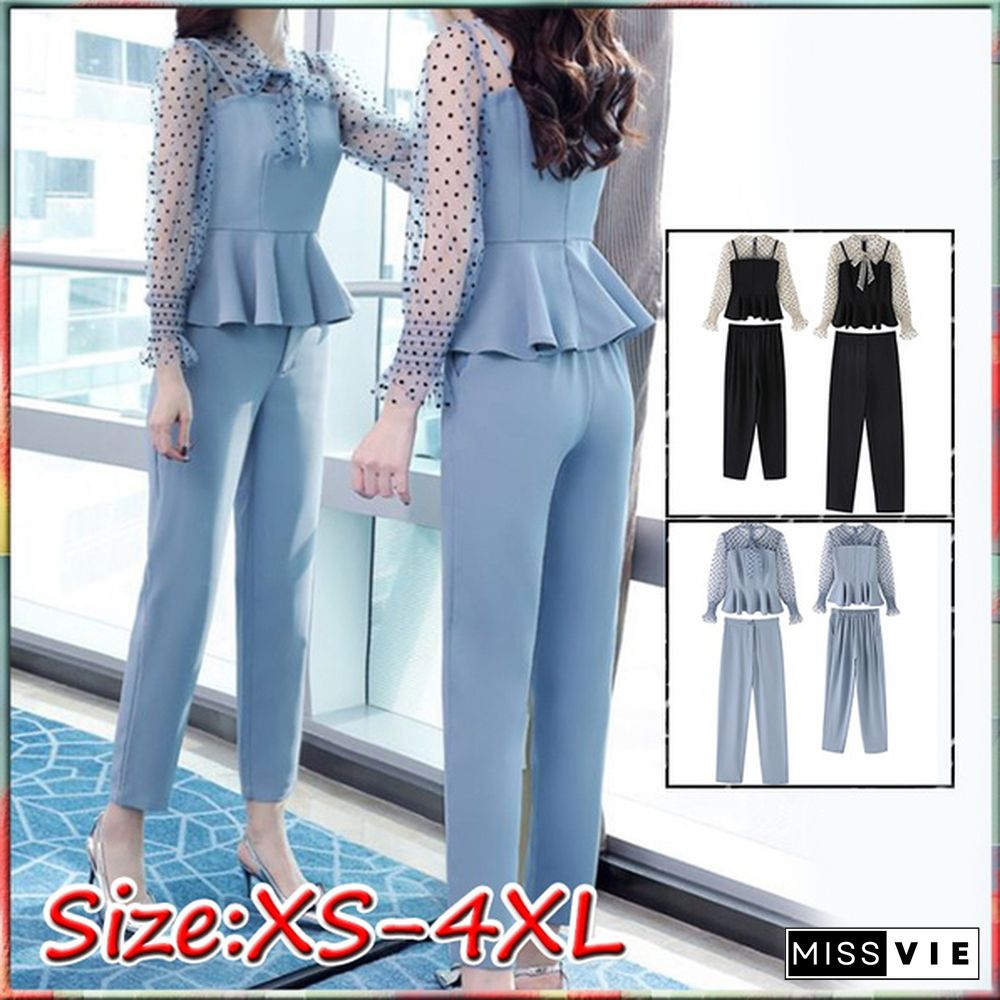 Office Fashion Two Piece Pants Sets Outfits Women Bow Dot Print Patchwork Tunics Tops + Pants Suits Korean Workwear Sets