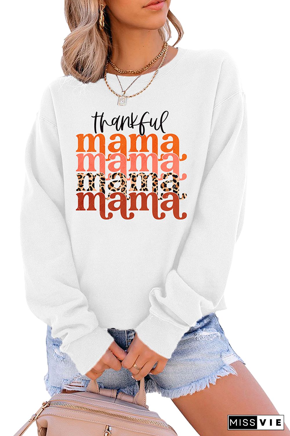 Thankful Mama Stacked Print O-neck Long Sleeve Sweatshirts Women Wholesale