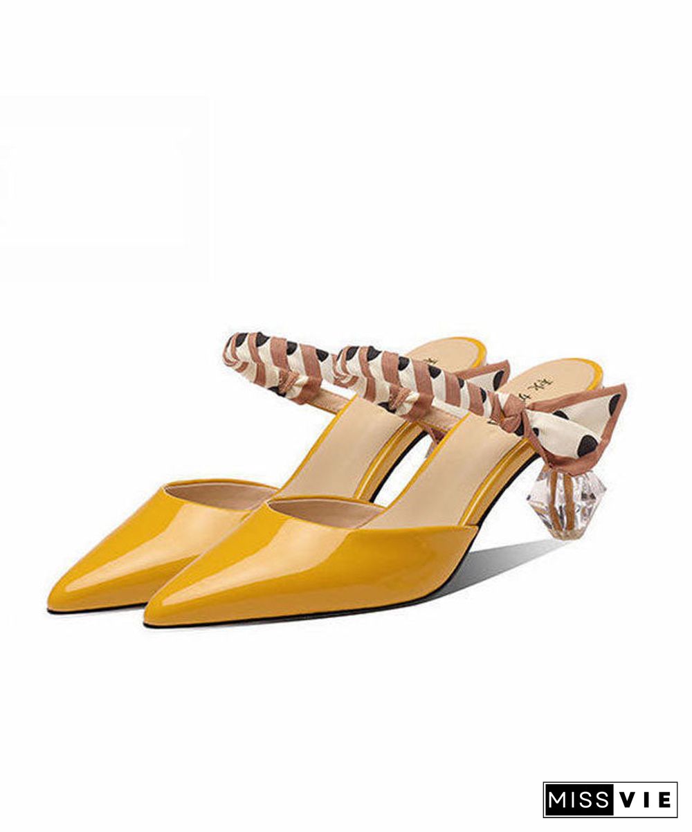 Women Pointed Toe Chunky Yellow Cowhide Leather High Heel Slippers