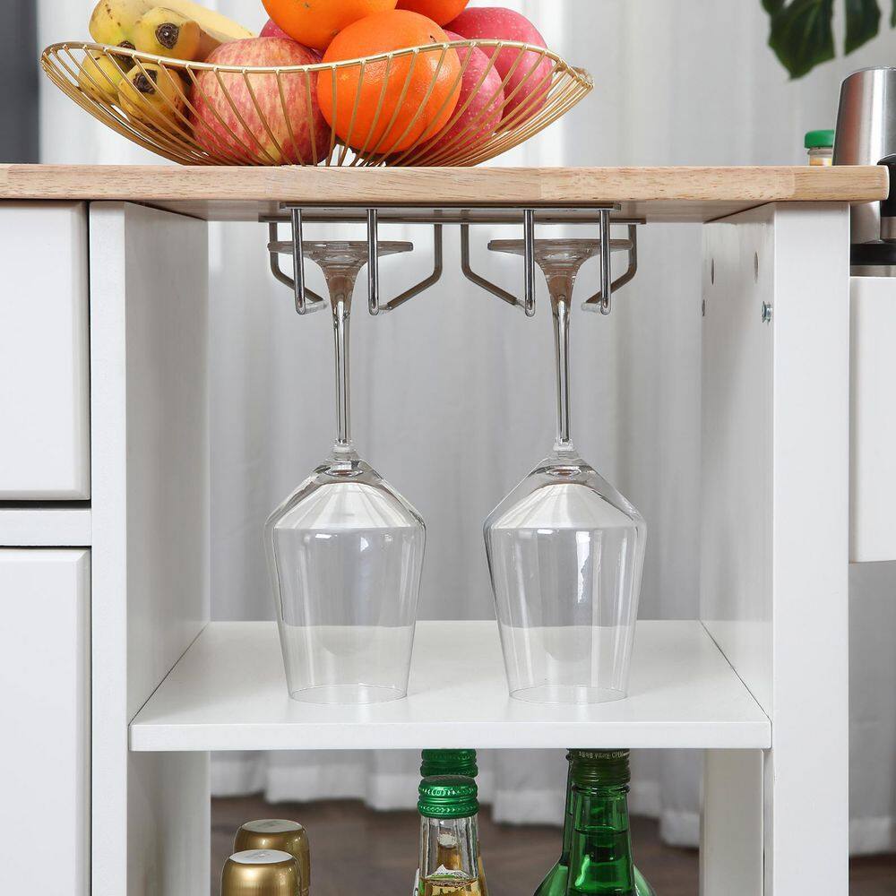 White Kitchen Island on Wheels Kitchen Cart with Cabinet 3-Layer Shelves Wood Countertop Mobile Storage Islands 1009-ISLAND-WHI