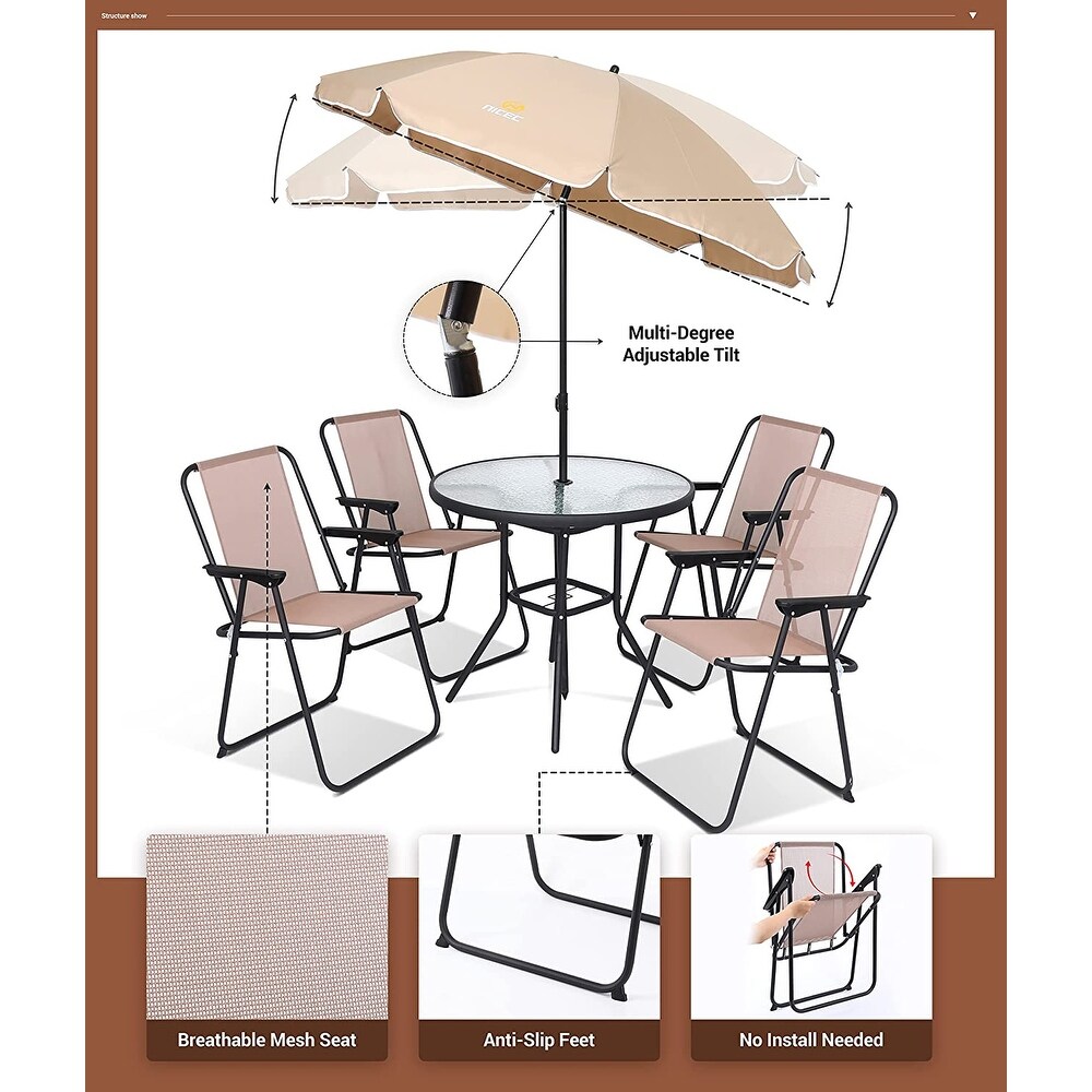 Patio Dining Set  Set of 6 Garden Outdoor Furniture Set with Tilted Umbrella  31.5\