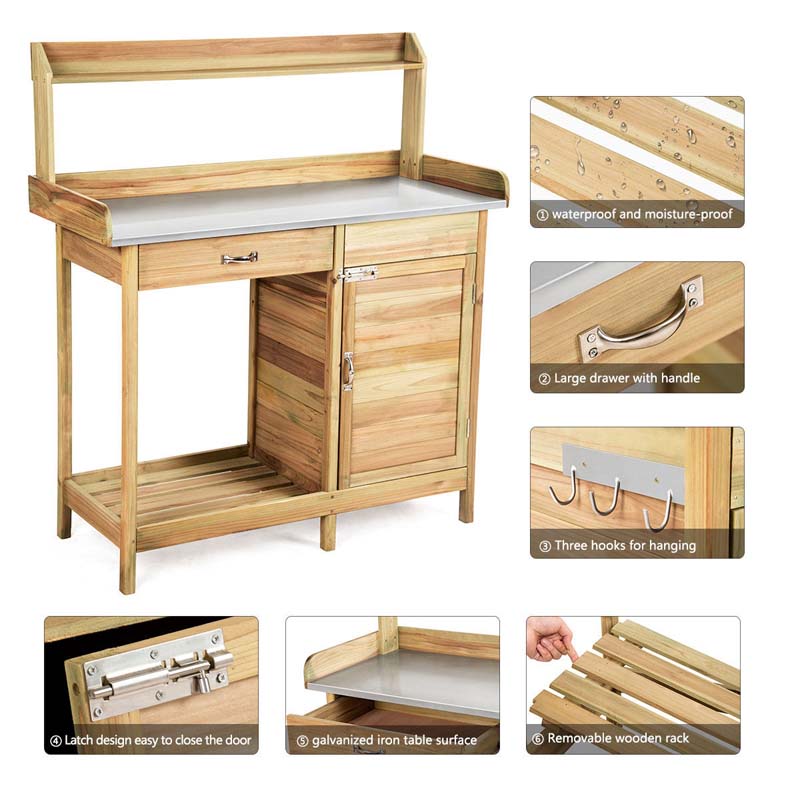 Outdoor Patio Potting Bench Table Rack with Metal Tabletop, Big Drawer & Removable Shelf, Fir Wood Garden Workstation