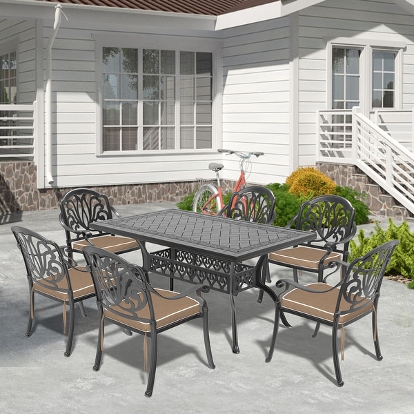 5/7Piece Cast Aluminum Outdoor Dining Set with 59.06'' L X 35.43'' W Rectangular Table and Random Color Seat Cushions