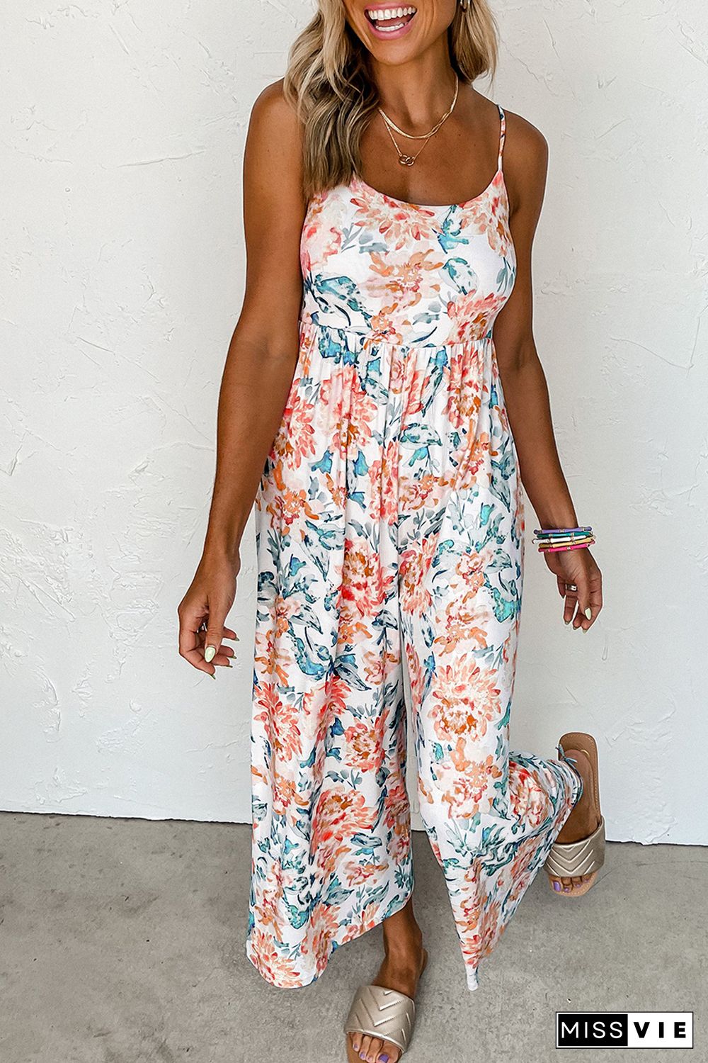 Orange Floral Spaghetti Straps Wide Leg Jumpsuit