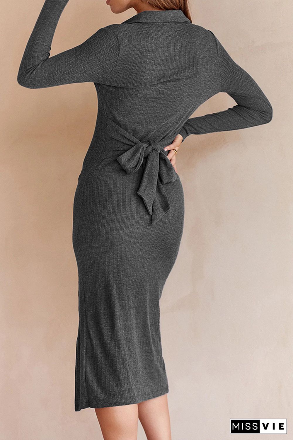 Button Down Split Knit Long Sleeves Midi Dress