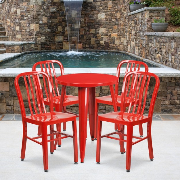 Round Metal Indoor outdoor Table Set amp 4 Slat Back Chairs