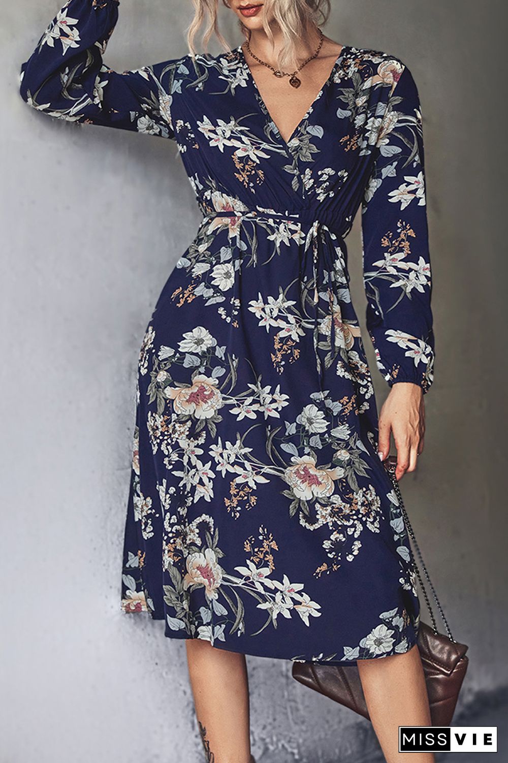 Puff Sleeve V Neck High Waist Floral Dress