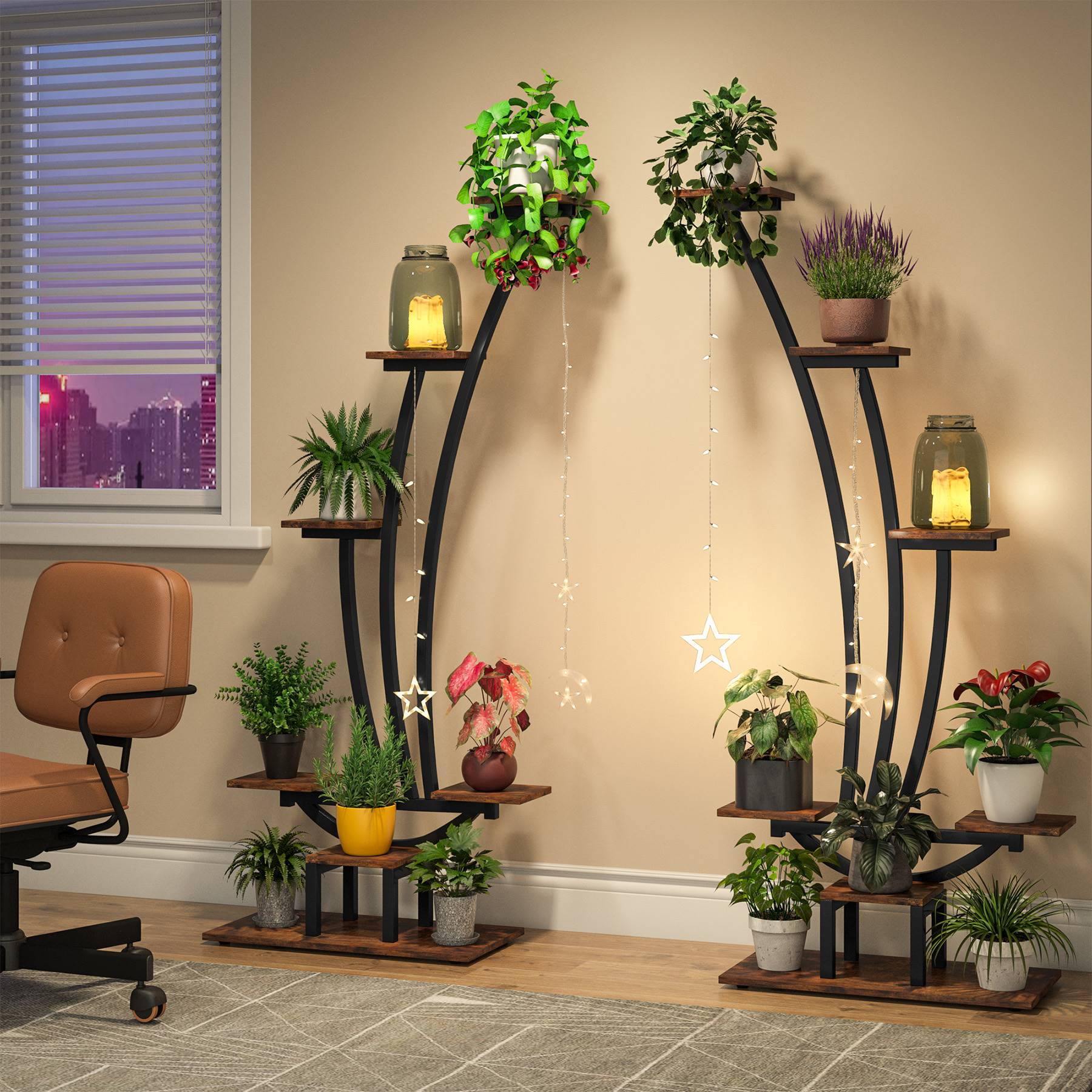 6-Tier Plant Stand Pack of 2, Metal Curved Display Shelf with 2 Hanging Hooks