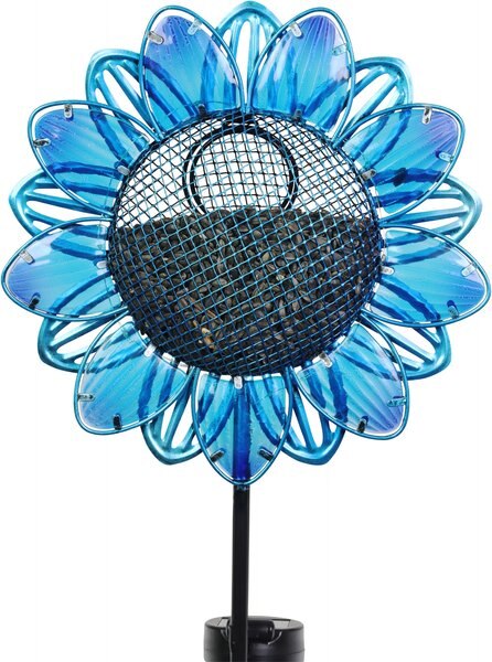 Exhart Solar Sunflower Metal and Glass Bird Seed Feeder Garden Stake