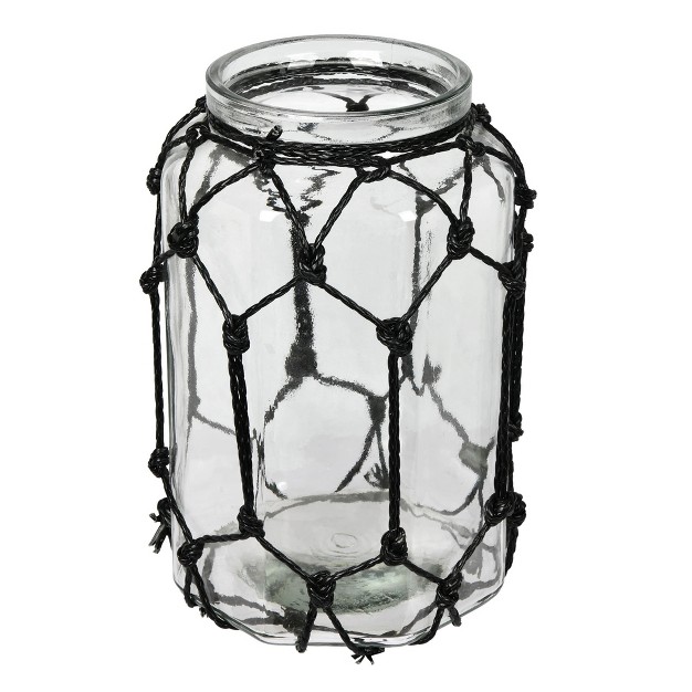 Glass Jar With Black Rope This Glass Jar Measures About 10 Inches Tall And 6 5 Inches Wide The Jar Is Accented With Black Rope Tied