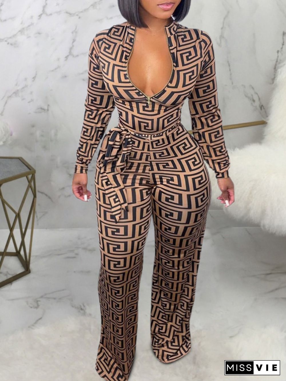 Sexy V-neck Zip-tie Wide-leg Plus Size Jumpsuit