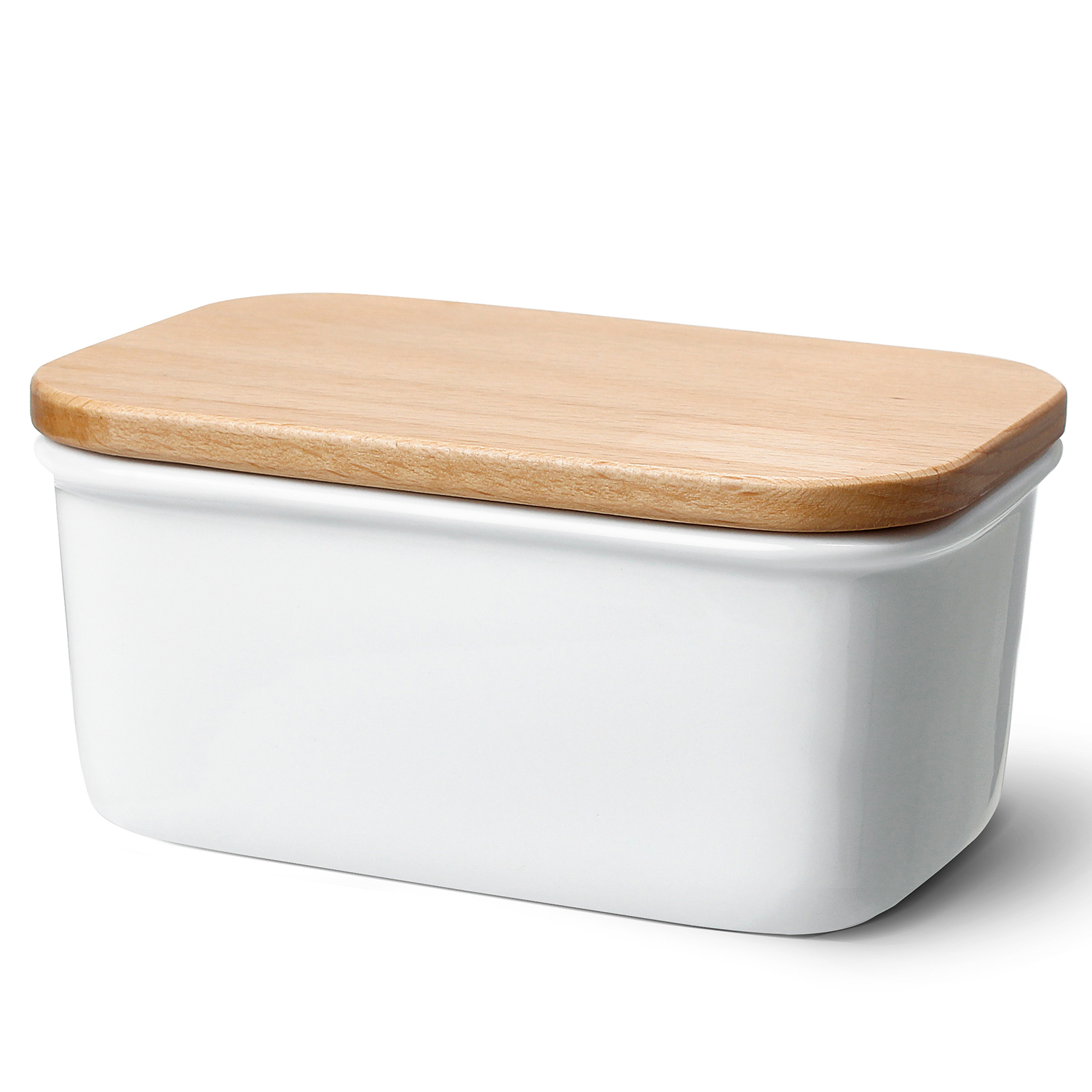 White Large Butter Dish with Beech Wooden Lid， Set of 1