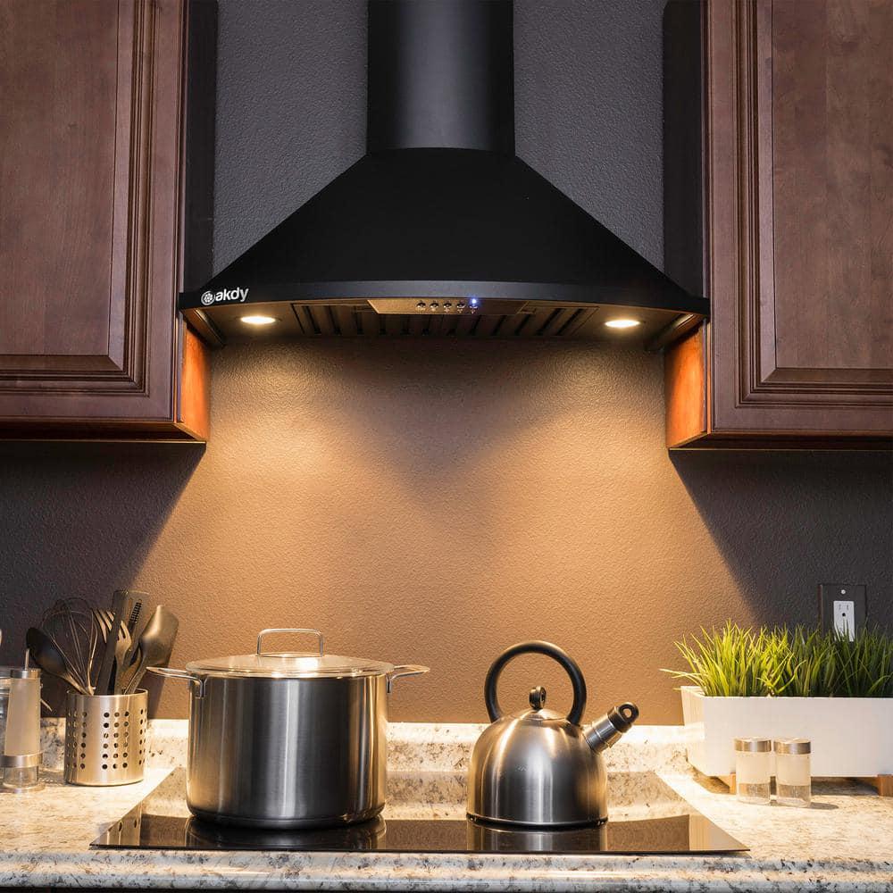 AKDY 30 in 343 CFM Convertible Wall Mount Kitchen Range Hood with Carbon Filters and LEDs in Black Painted Stainless Steel