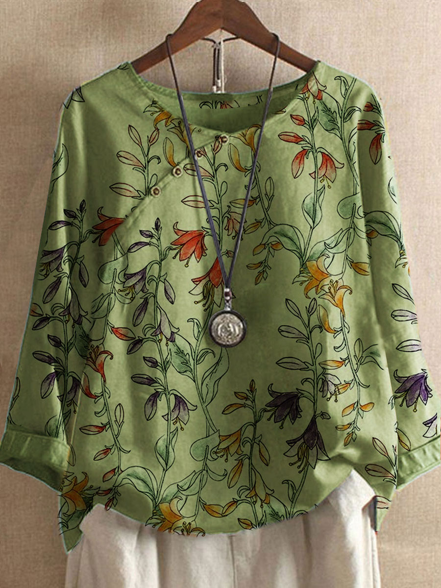 Round Neck Casual Loose Floral Print Long Sleeve Blouse