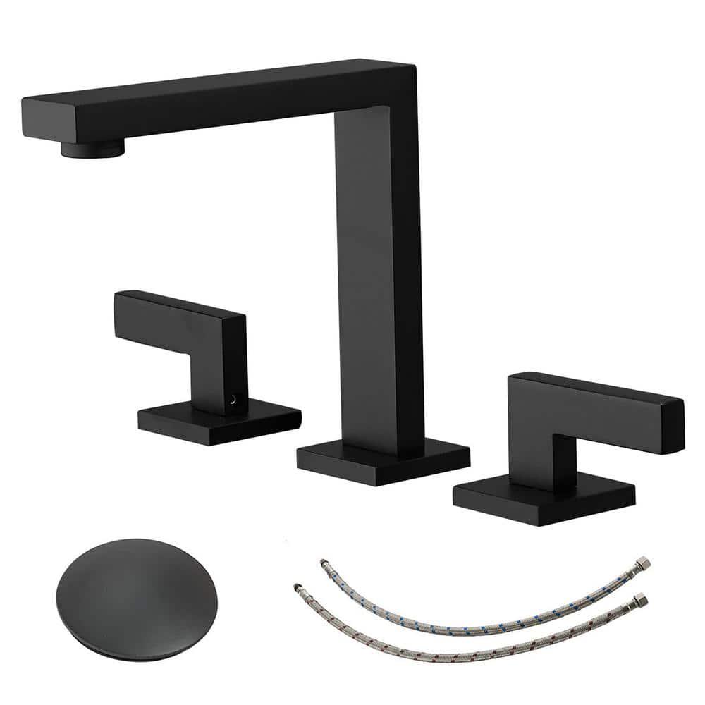 BWE 8 in Widespread Double Handle Bathroom Faucet With Popup Drain Assembly in Matte Black