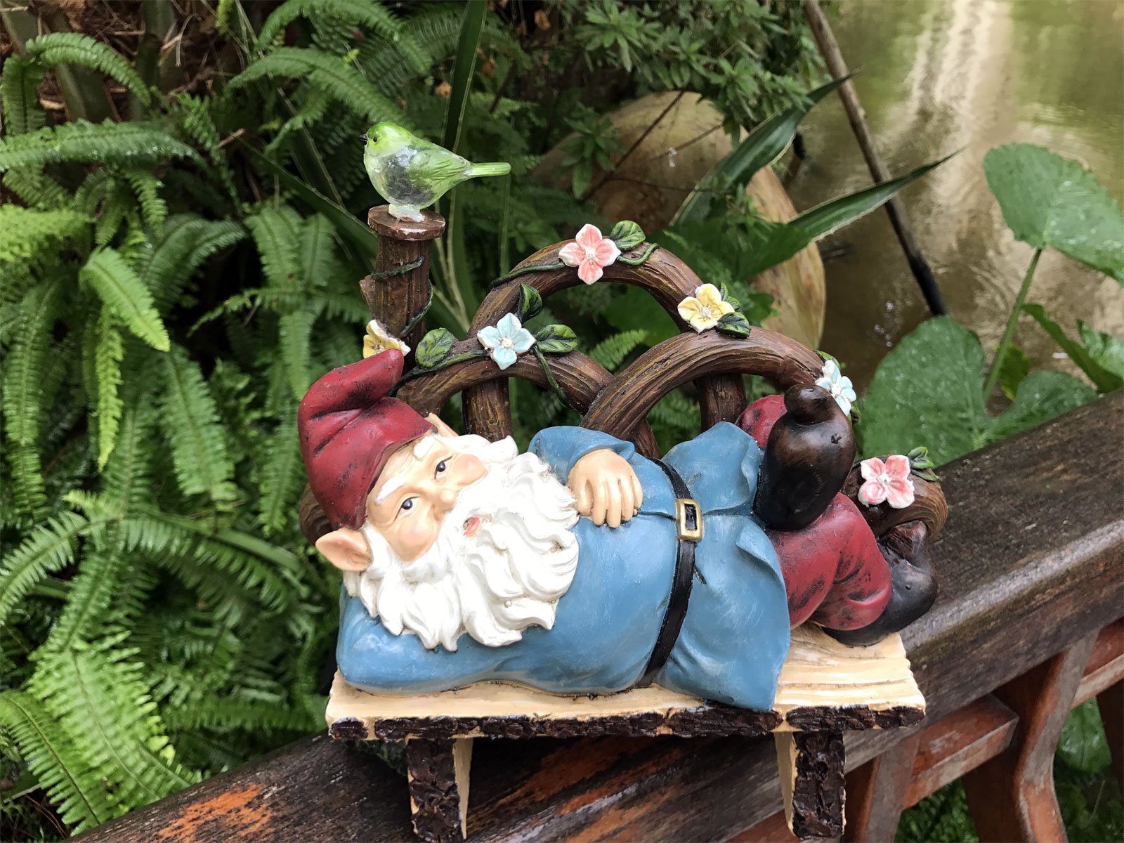 Solar Powered Gnome Laying On a Bench LED Garden Light Decor