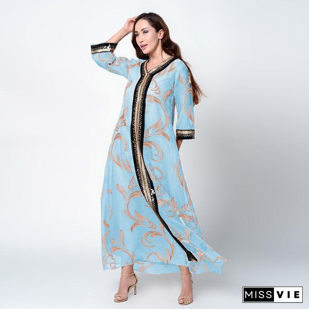 V Neck Long Sleeve Printed Straight Dress