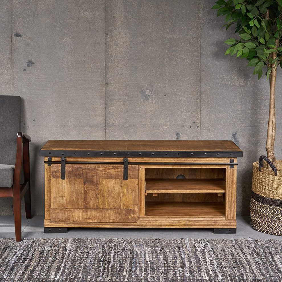 Industrial Entertainment Center  Single Sliding Door  ampStorage Drawers  Natural   Industrial   Entertainment Centers And Tv Stands   by Decorn  Houzz