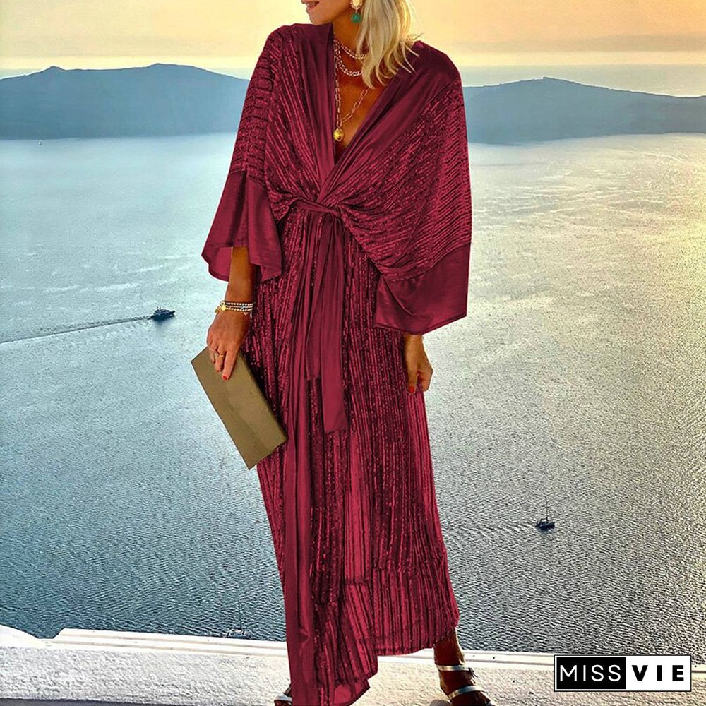 Fashion Patchwork Lace Up Beach Maxi Dress Autumn Casual Deep V Batwing Sleeve Dress New Spring Shiny Club Party Cardigan Dress