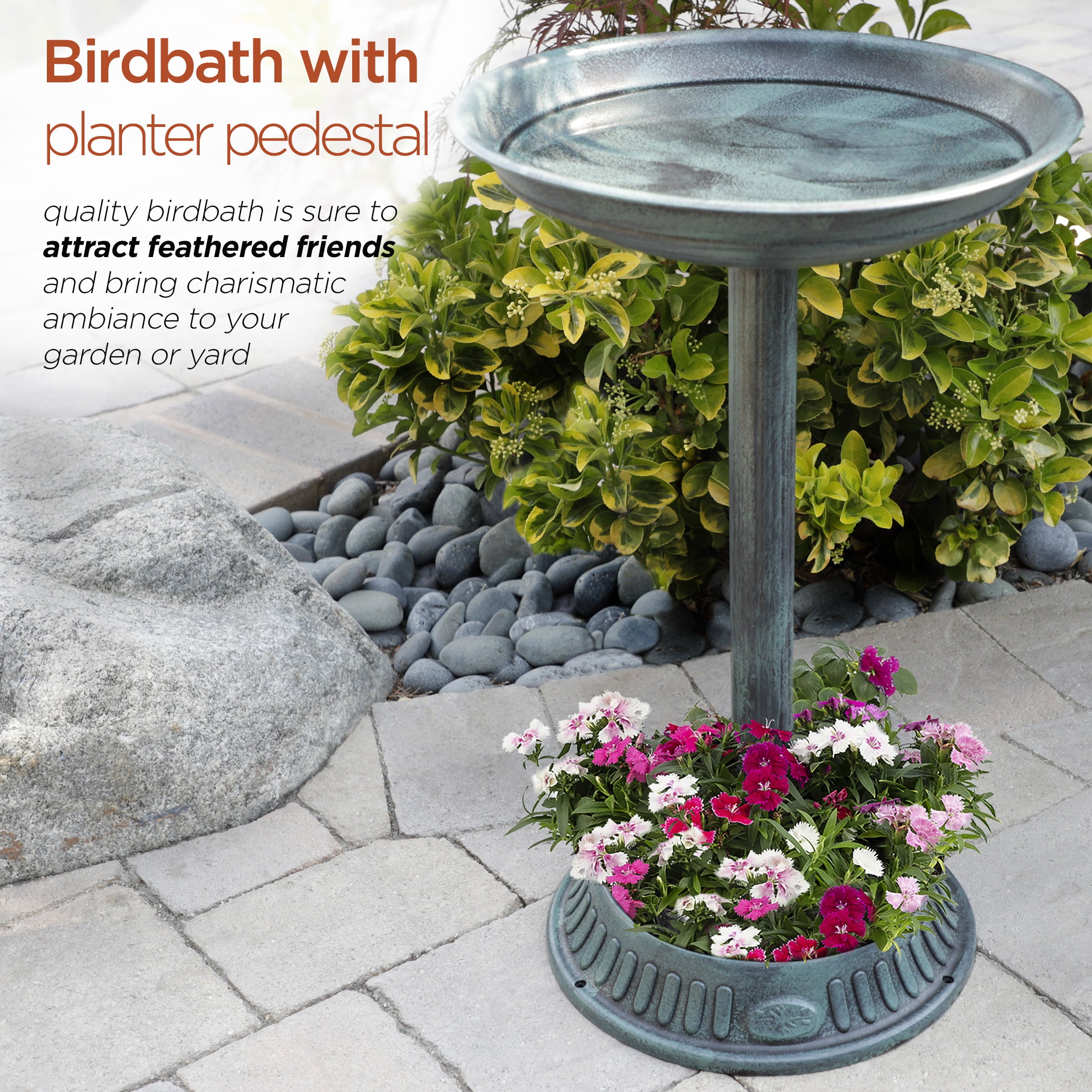 Alpine Corporation 15"x25" Plastic Bird Bath with Planter, Green