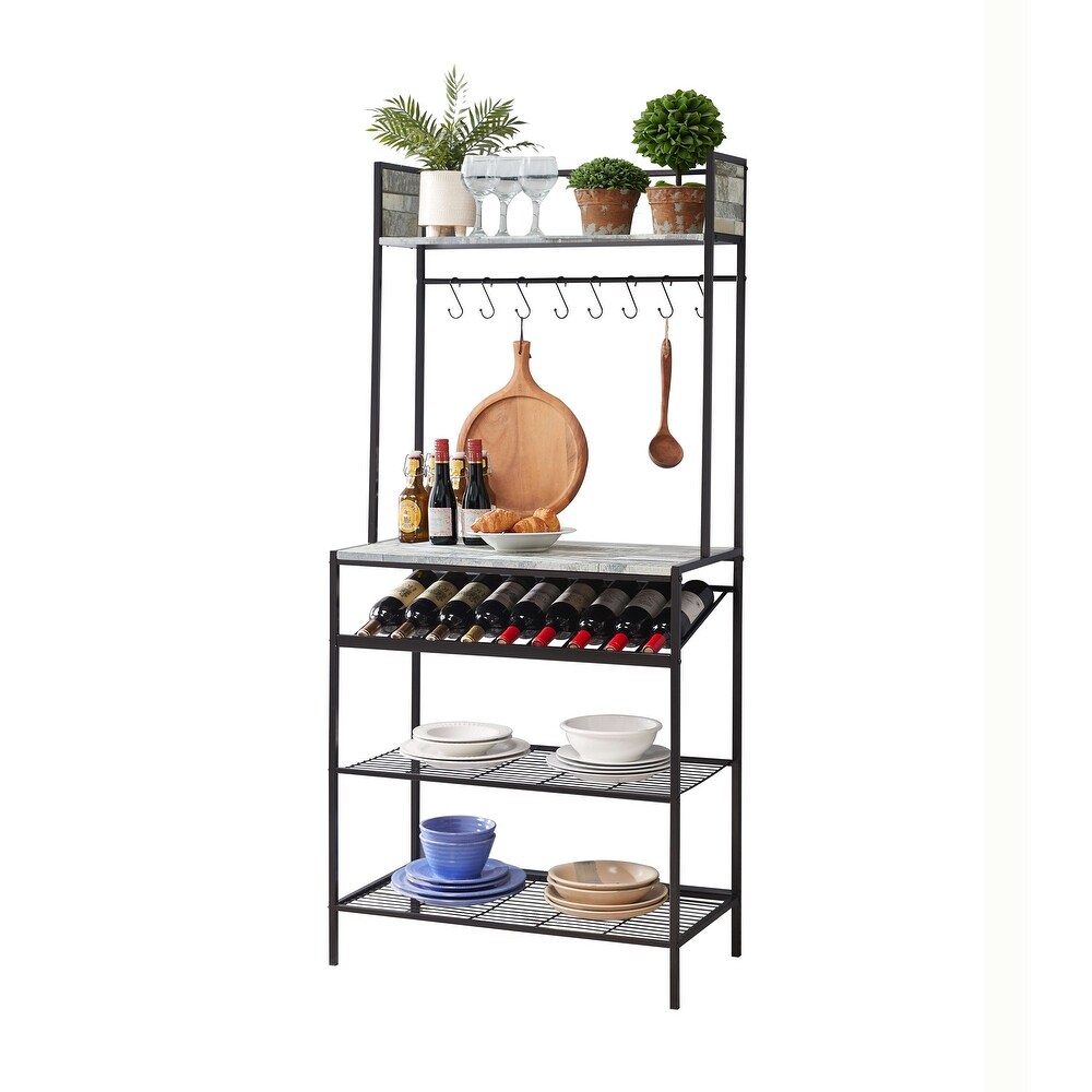 Bakers Rack with Storage Shelfs  Wine Rack and Hooks   Microwave Stand for Home Kitchen/Dining Room  Black/Gray