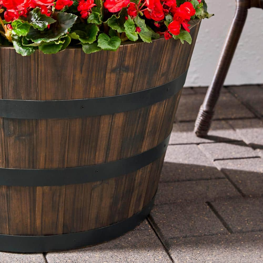 Vigoro 26 in. Jackson Extra Large Brown Wood Barrel Planter (26 in. D x 16.5 in. H) with Drainage Hole HL6642