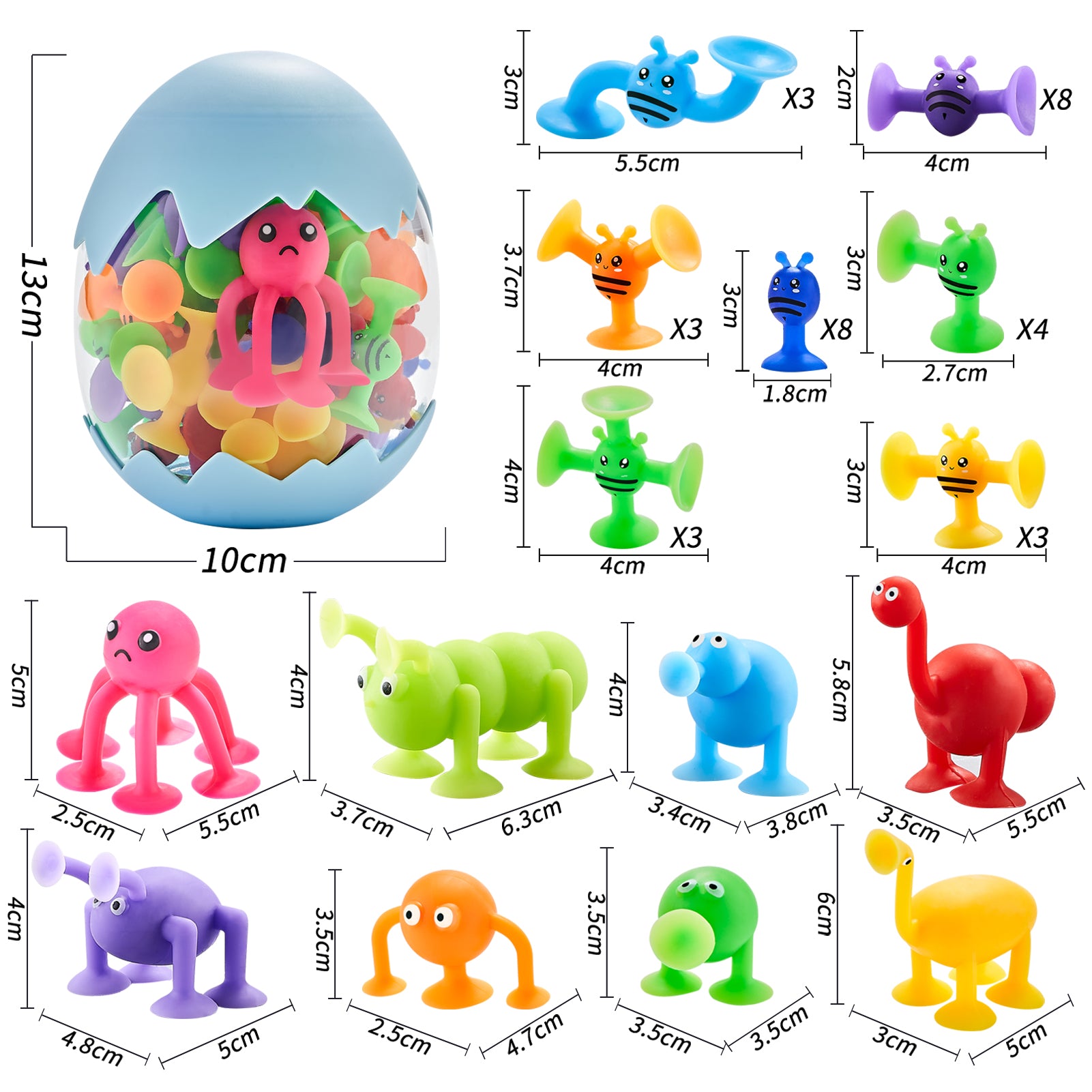 Suction Toys for Baby，Bath Toys for Kids Ages 4-8，40 Pieces Toddler Stress Release Sensory Toys，Silicone Suction Cup Animal with Dinosaur Eggshell Storage，Educational Gift for Boys Girls Age 3+