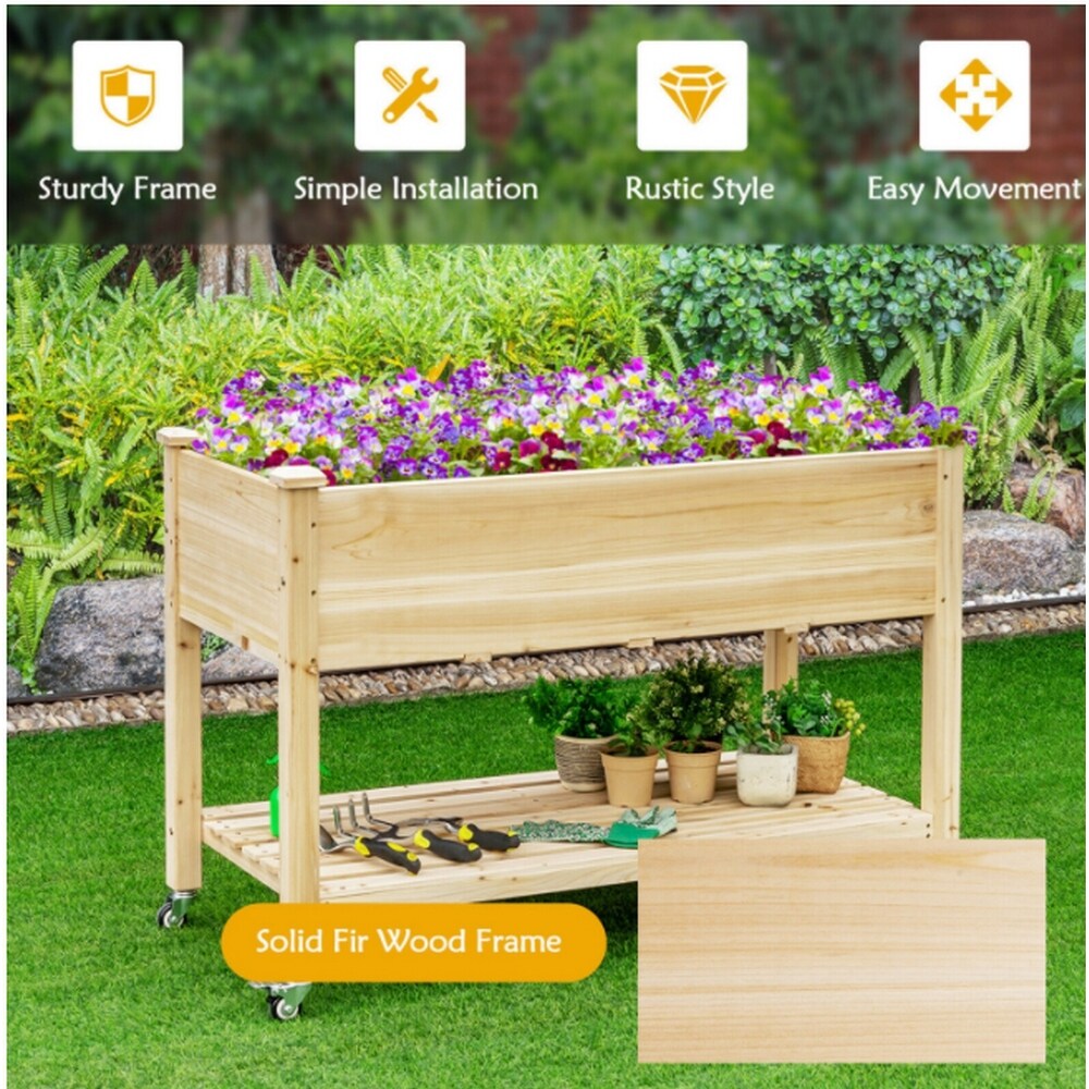 48 in x 32 in x 23 in Wooden Elevated Planter with Shelf and Wheel   48x32x23