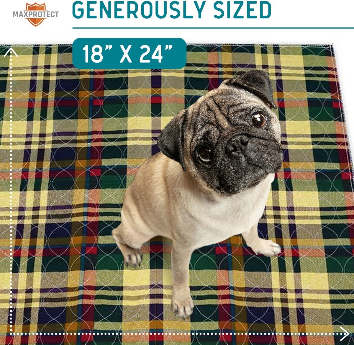 Chew + Heal MaxProtect Tartan Plaid Patterned Reusable Dog Pee Pads， 18-in