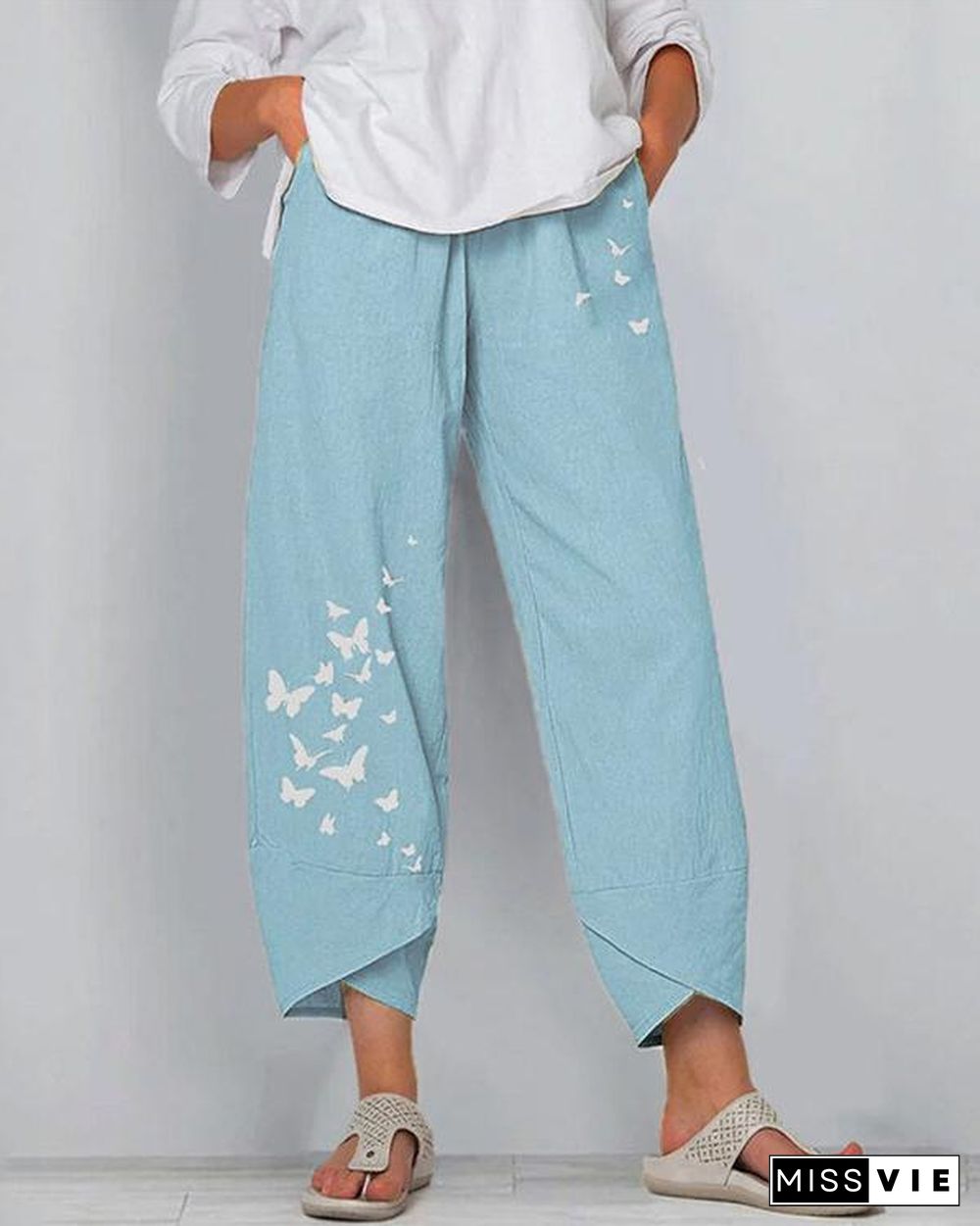 Women Linen Shift Casual Printed Floral Pants