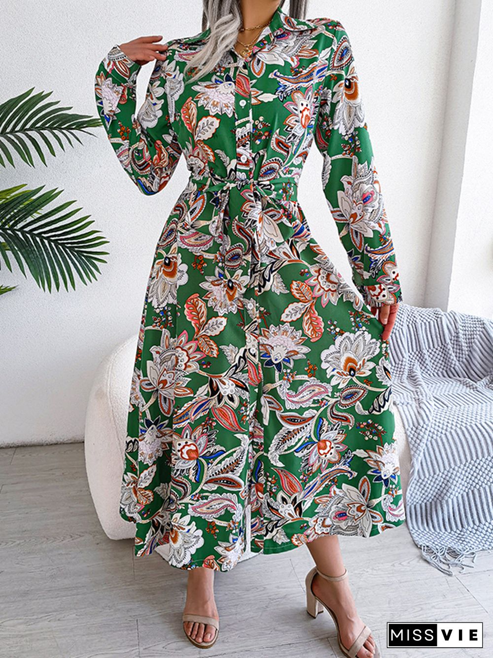 Long Sleeves Buttoned Flower Print Tied Waist Lapel Maxi Dresses