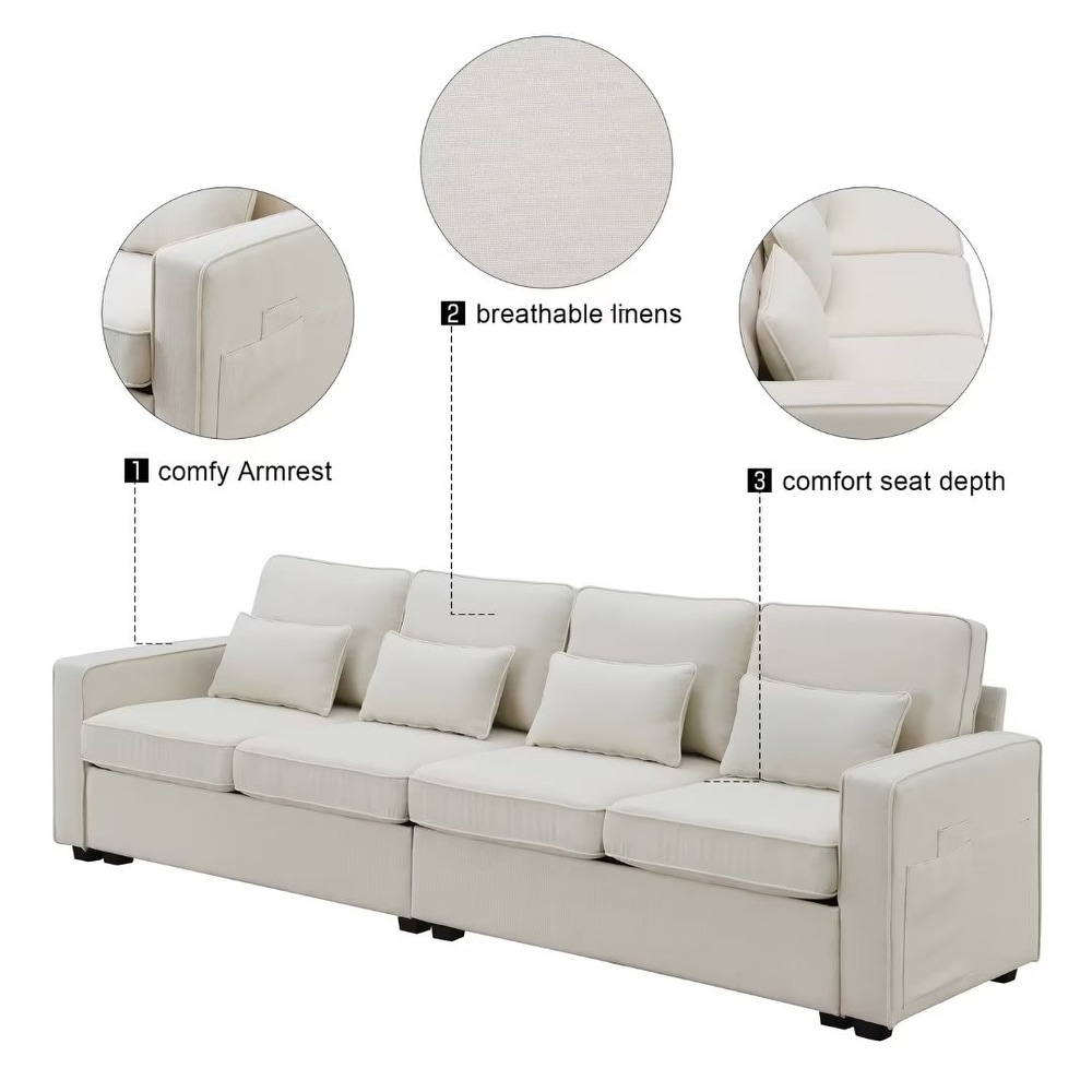 4 Seater Modern Linen Fabric Sofa with Armrest Pockets and 4 Pillows   9'5\