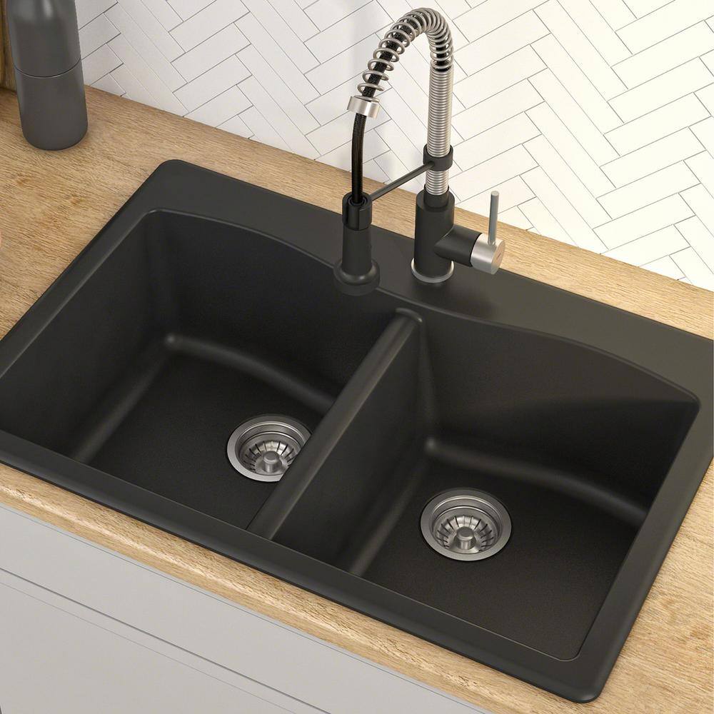 KRAUS Forteza All-in-One Drop-InUndermount Granite Composite 33 in. 1-Hole 5050 Double Bowl Kitchen Sink in Black KGD-52BLACK