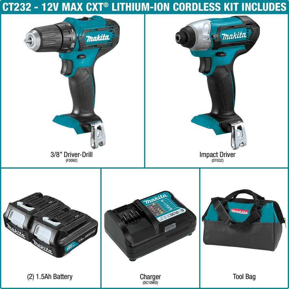 Makita 12V max CXT 1.5 Ah Lithium-Ion Cordless Drill Driver and Impact Driver Combo Kit (2-Piece) CT232