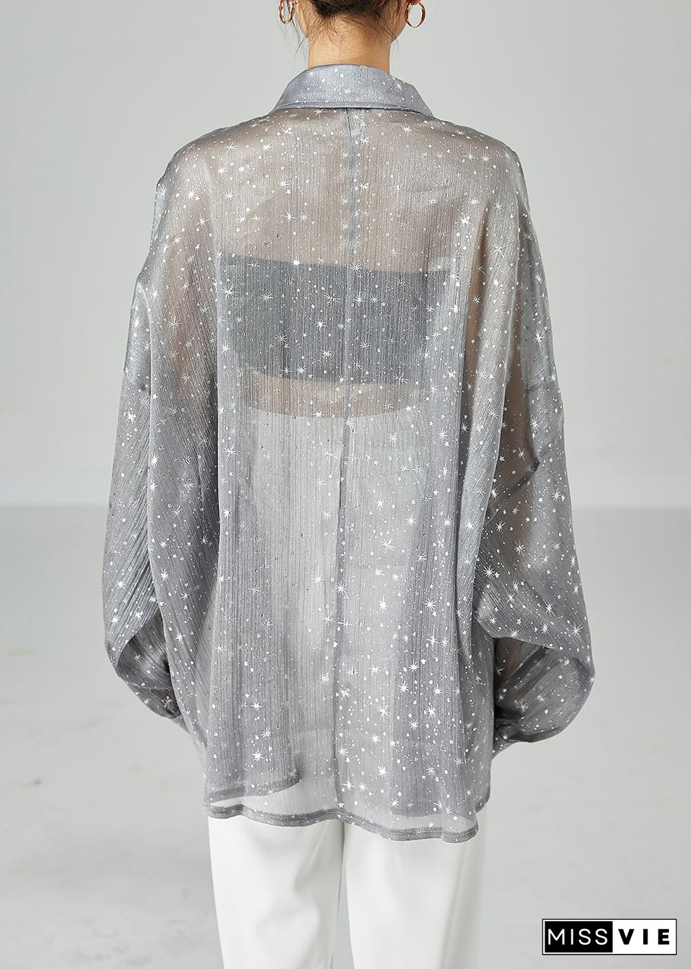 French Grey Oversized Print Silk Shirt Tops Summer