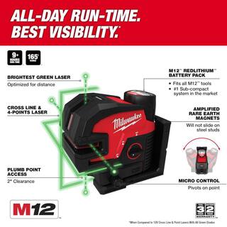 MW M12 12-Volt Lithium-Ion Cordless Green Cross Line and 4-Points Laser Kit 3624-21