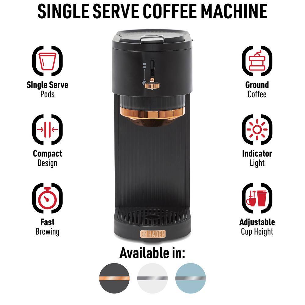 HADEN 1-Cup Single-Serve BlackCopper Coffee Maker with Attachments for Single-Serve Pods and Ground Coffee 75107