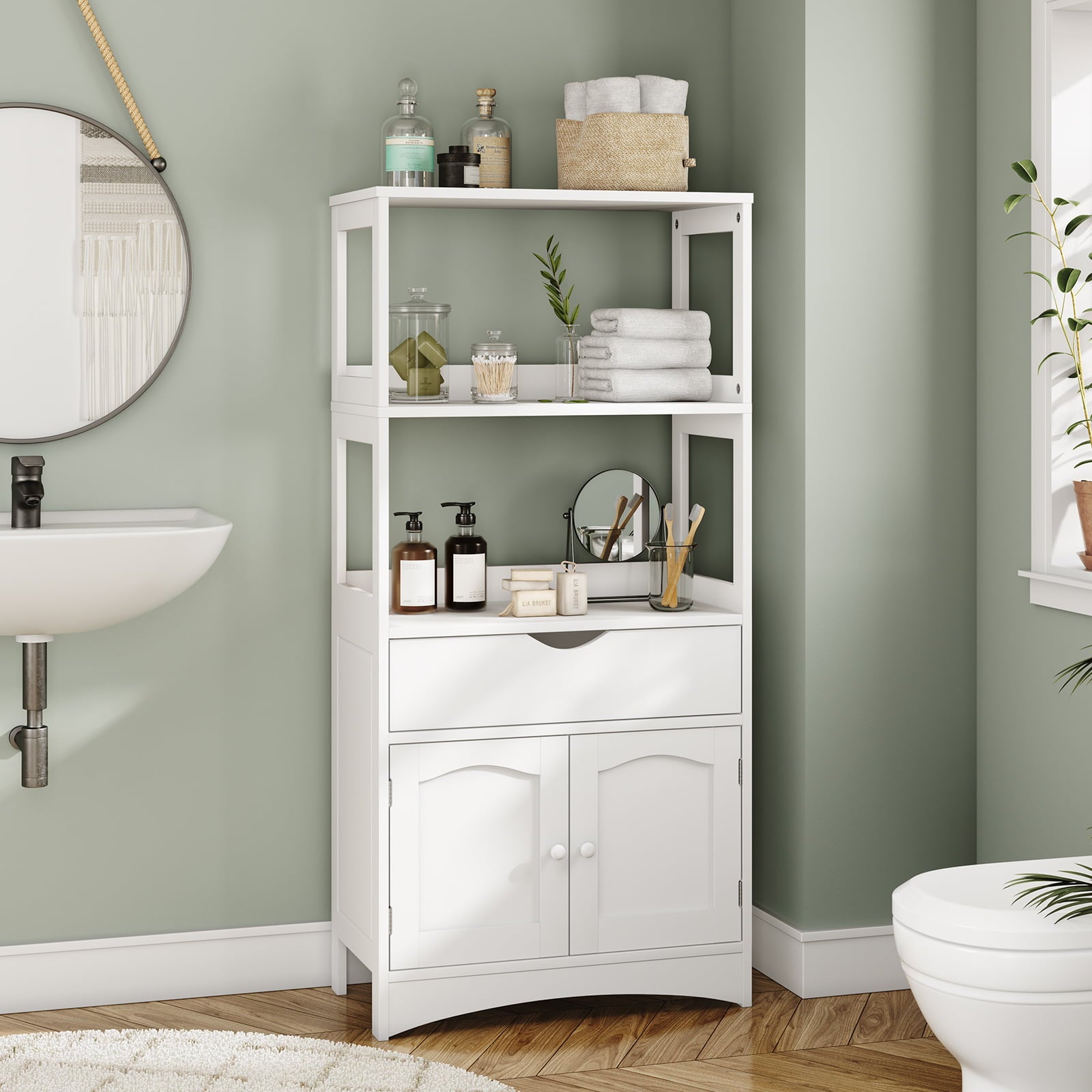 White Sideboard Storage Cabinets for Kitchen with Drawer， Pantry Storage Cabinet with Microwave Space and 1 Cupboard