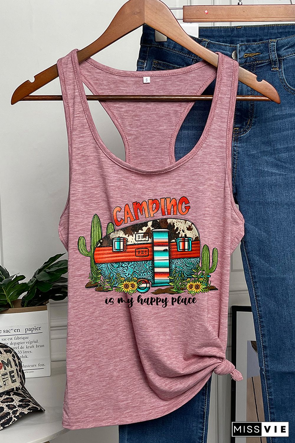 Camping is My Happy Place Printed Sleeveless Tank Top Wholesale