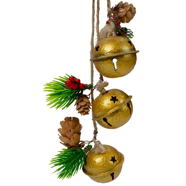 Northlight 15 inch Pine And Gold Jingle Bell Christmas Door Hanger With Plaid Bow