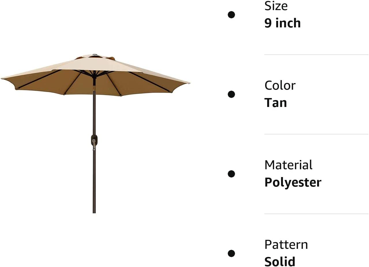 9' Outdoor Market Patio Umbrella with Push Button Tilt and Crank, 8 Ribs (Tan)