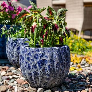 Sunnydaze 12 in. (30.48 cm) Fluted Lava Finish Ceramic Planter - Dark Blue Distressed Ceramic - (Set of 2) VBD-646