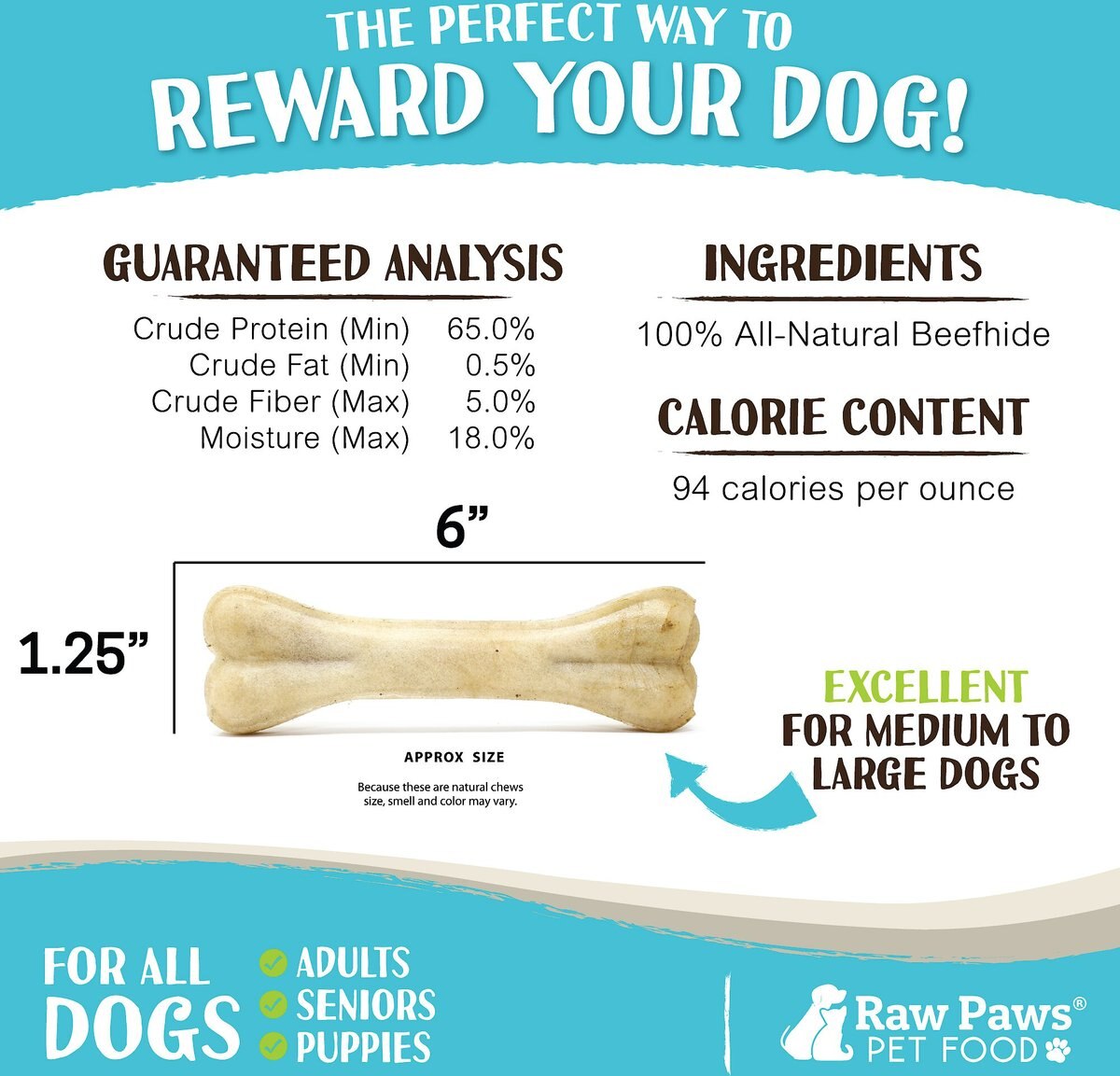 Raw Paws Compressed Rawhide Bone Dog Treats， 6-in