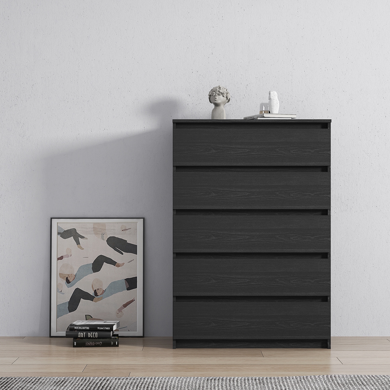 Aoolive 5-Drawer Dresser Night Stands in Black Woodgrain